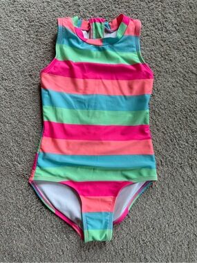 Girls' Rainbow Stripe One-Piece Swimsuit - Pink/Coral/Teal/Green